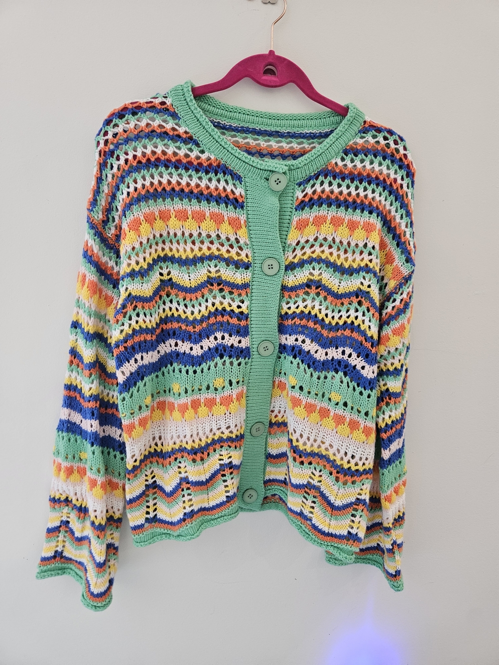Multicolor Open-Knit Cardigan with Green Trim - Picture 3 of 5